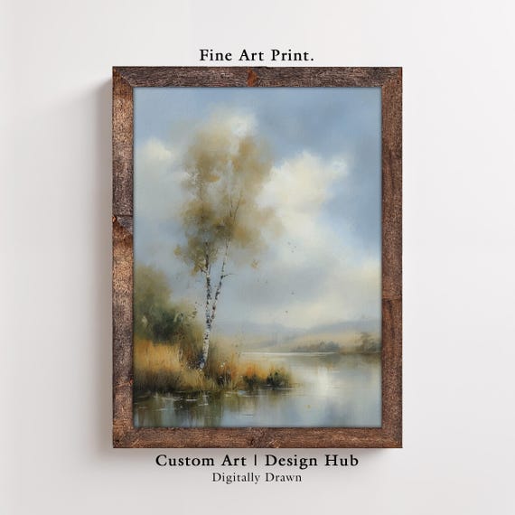 Blue Sky Landscape Art Print Birch Tree Wall Decor Painting On Textured Canvas