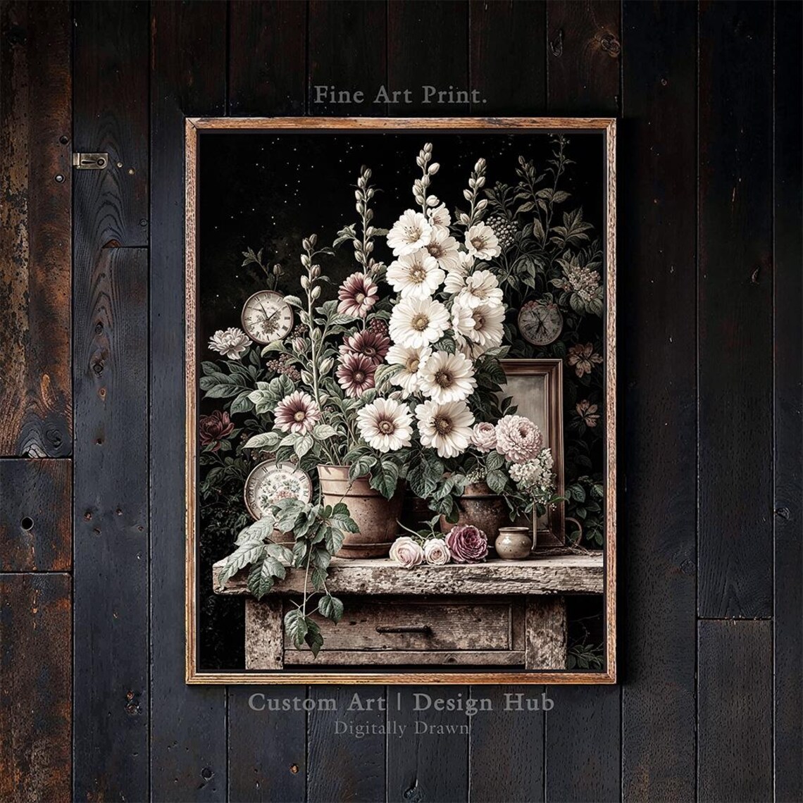 Vintage Floral Still Life, Rustic Botanical Bouquet Art Print