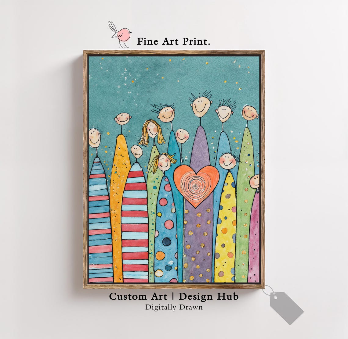 Colorful Abstract People Wall Art Print With Heart Whimsical Family Poster