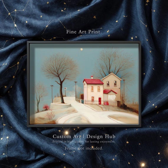 Snowy Village Art Print Winter Cottage Painting Cozy Rustic Wall Decor