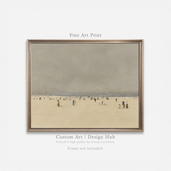 Vintage Beach Scene Figures on Sandy Shore Oil Style Art Print
