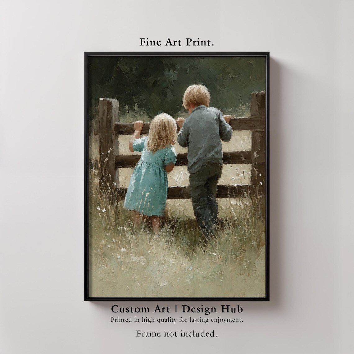 Children By Wooden Fence Nostalgic Countryside Vintage Art Poster
