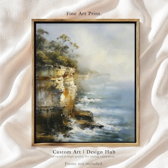 Serene Coastal Cliff Ocean View Rocky Shoreline Impressionist Art Poster