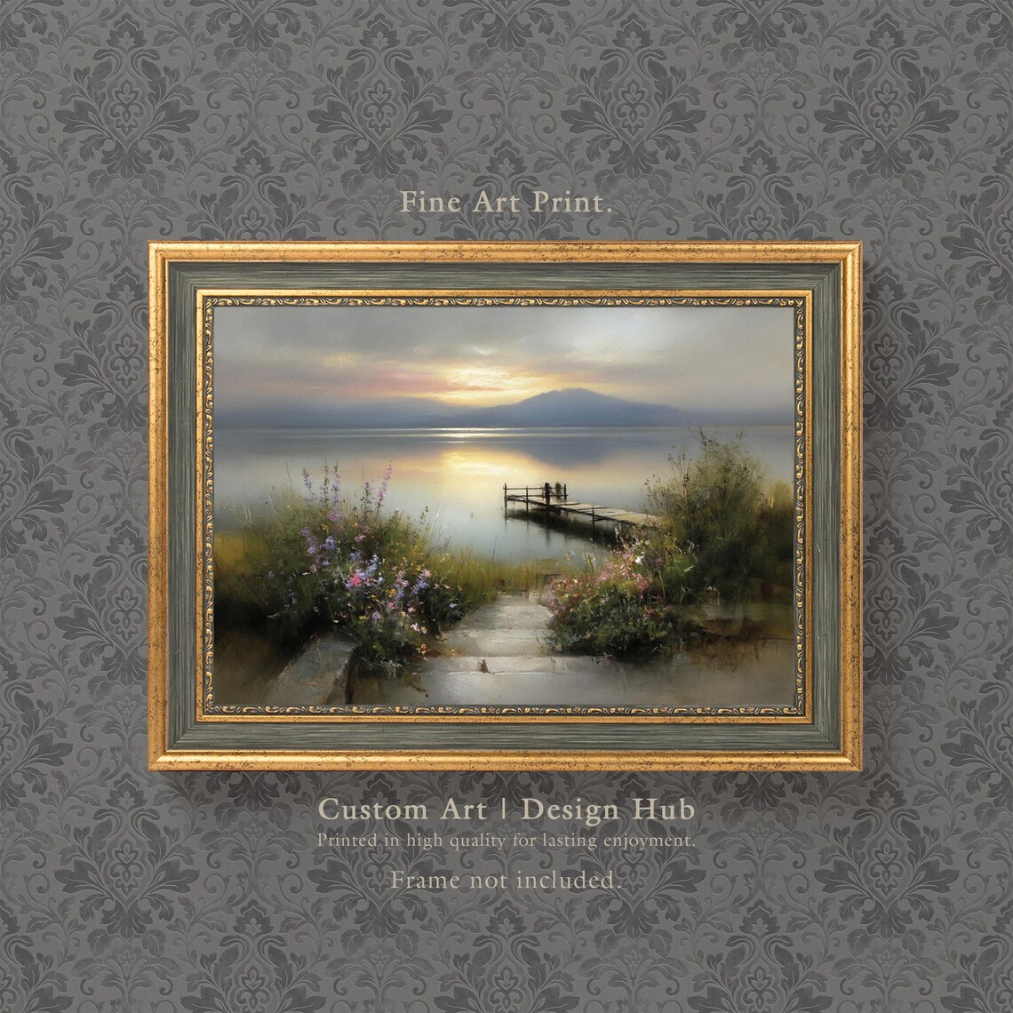 Lakeside Sunset Wooden Pier Wildflowers on Calm Lake Water Print