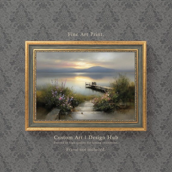 Lakeside Sunset Wooden Pier Wildflowers on Calm Lake Water Print