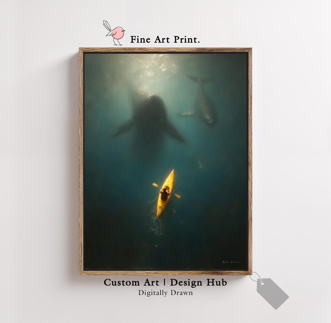 Ocean Whale Art Print Kayak Adventure Painting Surreal Deep Sea Wall Decor