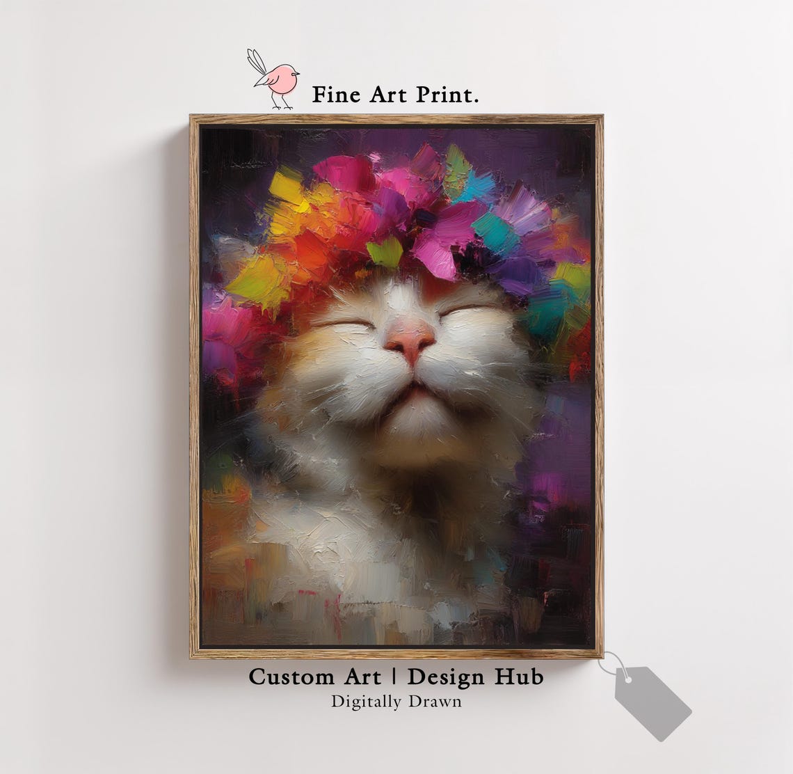 Smiling Cat With Colorful Flower Crown Oil Painting Portrait Print