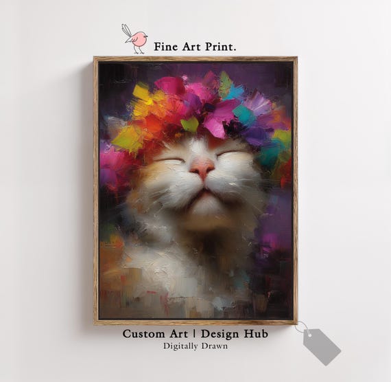 Smiling Cat With Colorful Flower Crown Oil Painting Portrait Print