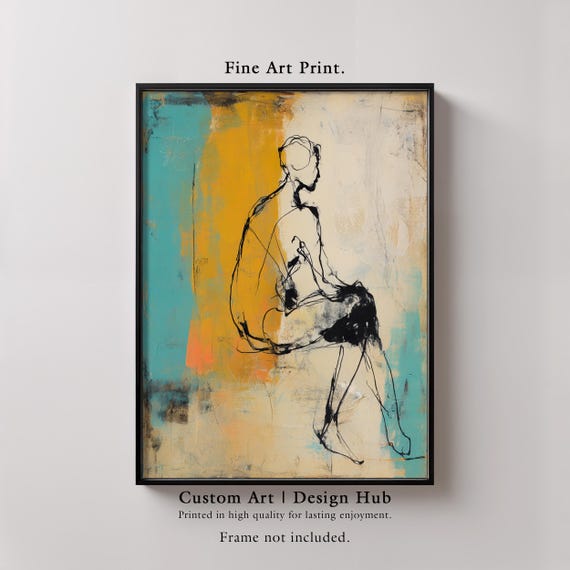Abstract Figure Art Print Modern Line Drawing On Grunge Background