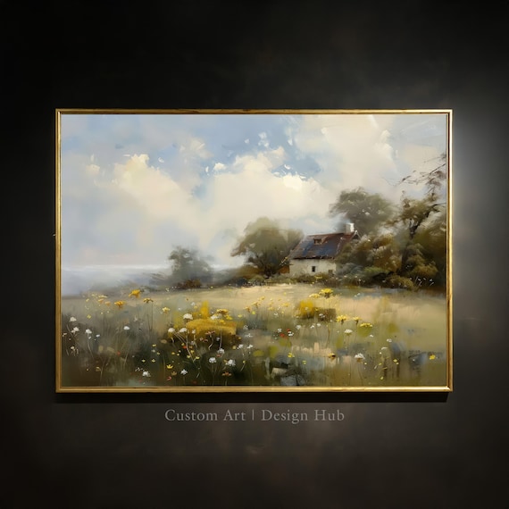 Rustic Country Cottage Wildflower Meadow Vintage Oil Painting Poster