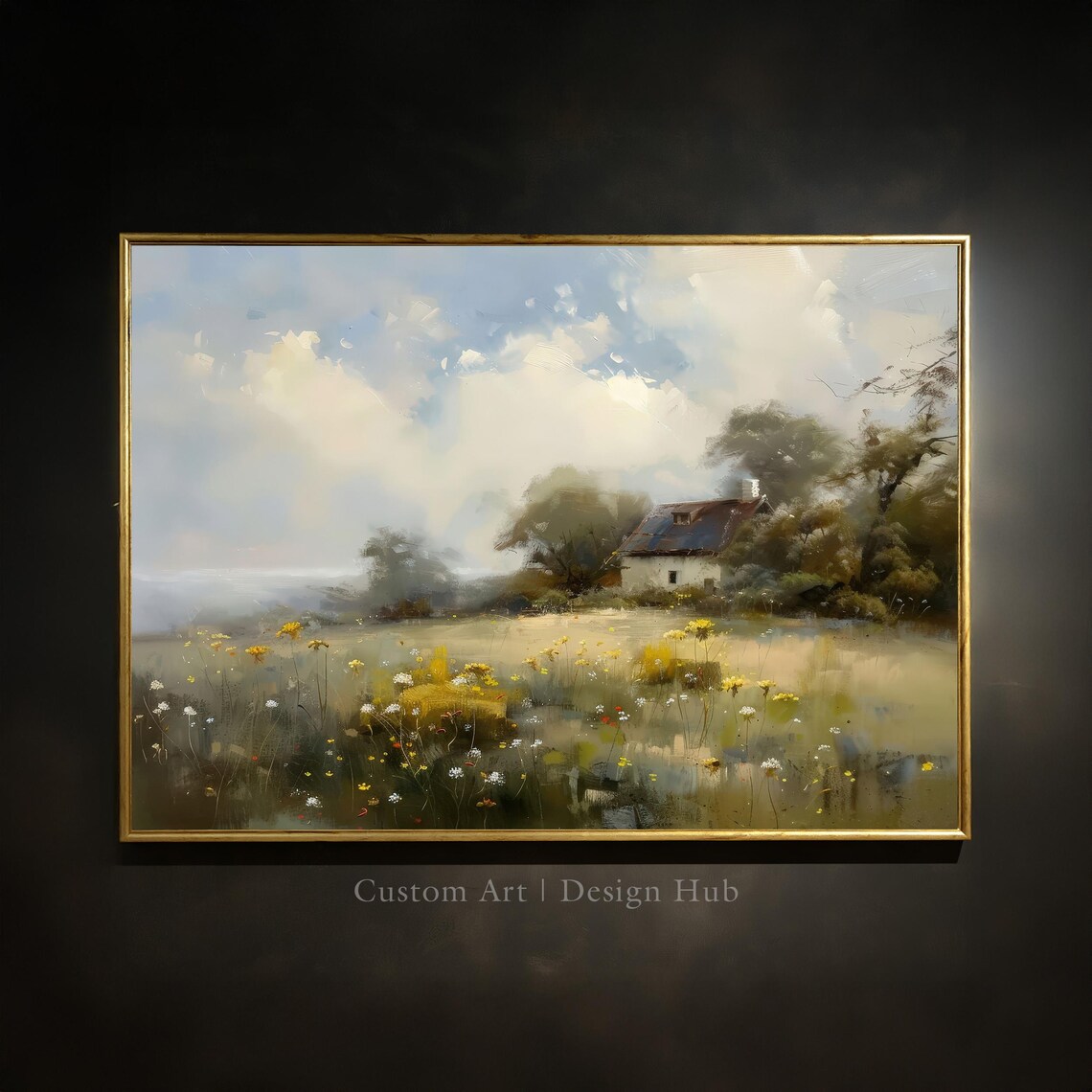Rustic Country Cottage Wildflower Meadow Vintage Oil Painting Poster