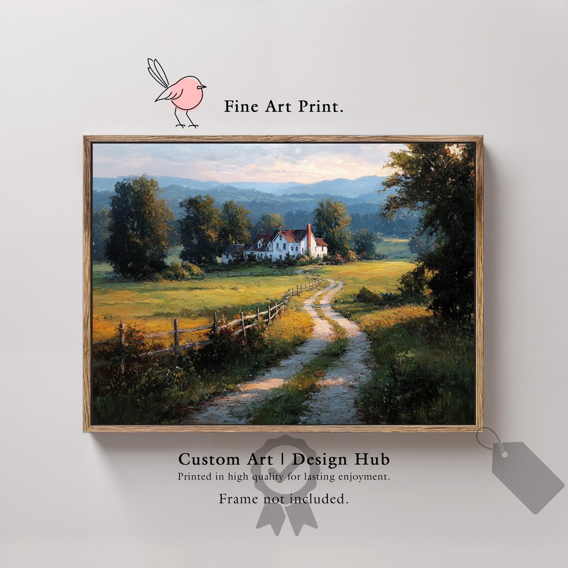 White Country Farmhouse Dirt Road Fence Mountain View Sunset Poster