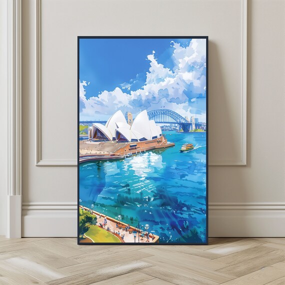 Sydney City Watercolor Travel Poster, Opera House