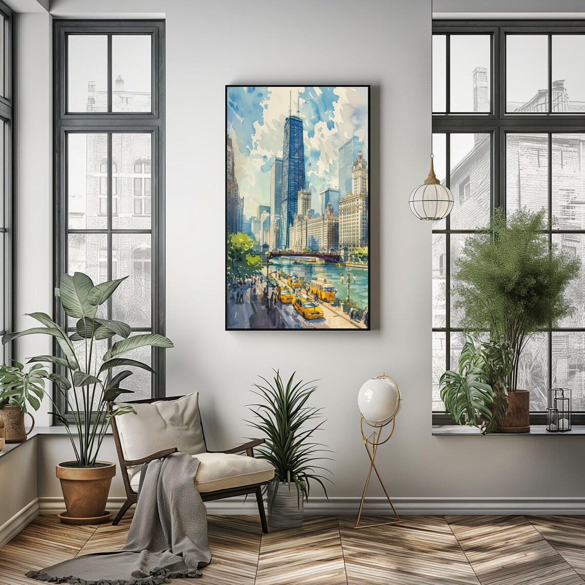 Watercolor Chicago City Travel Poster, Chicago River - Image 2