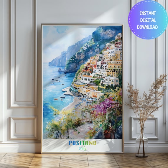 Watercolor Positano Italy Travel Poster, Christmas