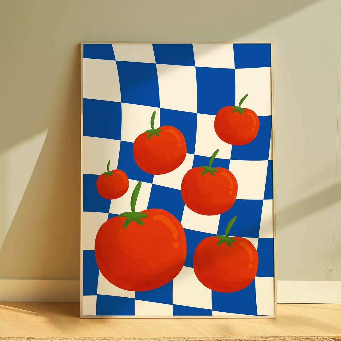 Retro Red Tomato Illustration on Blue Checkered Kitchen Art Poster - Image 4