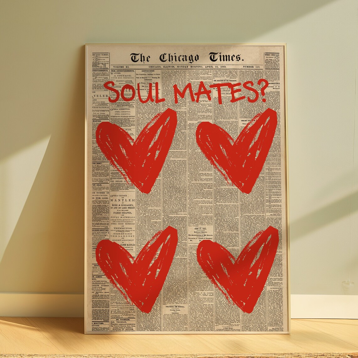 Soul Mates Chicago Times Vintage Newspaper Red Hearts Love Poster