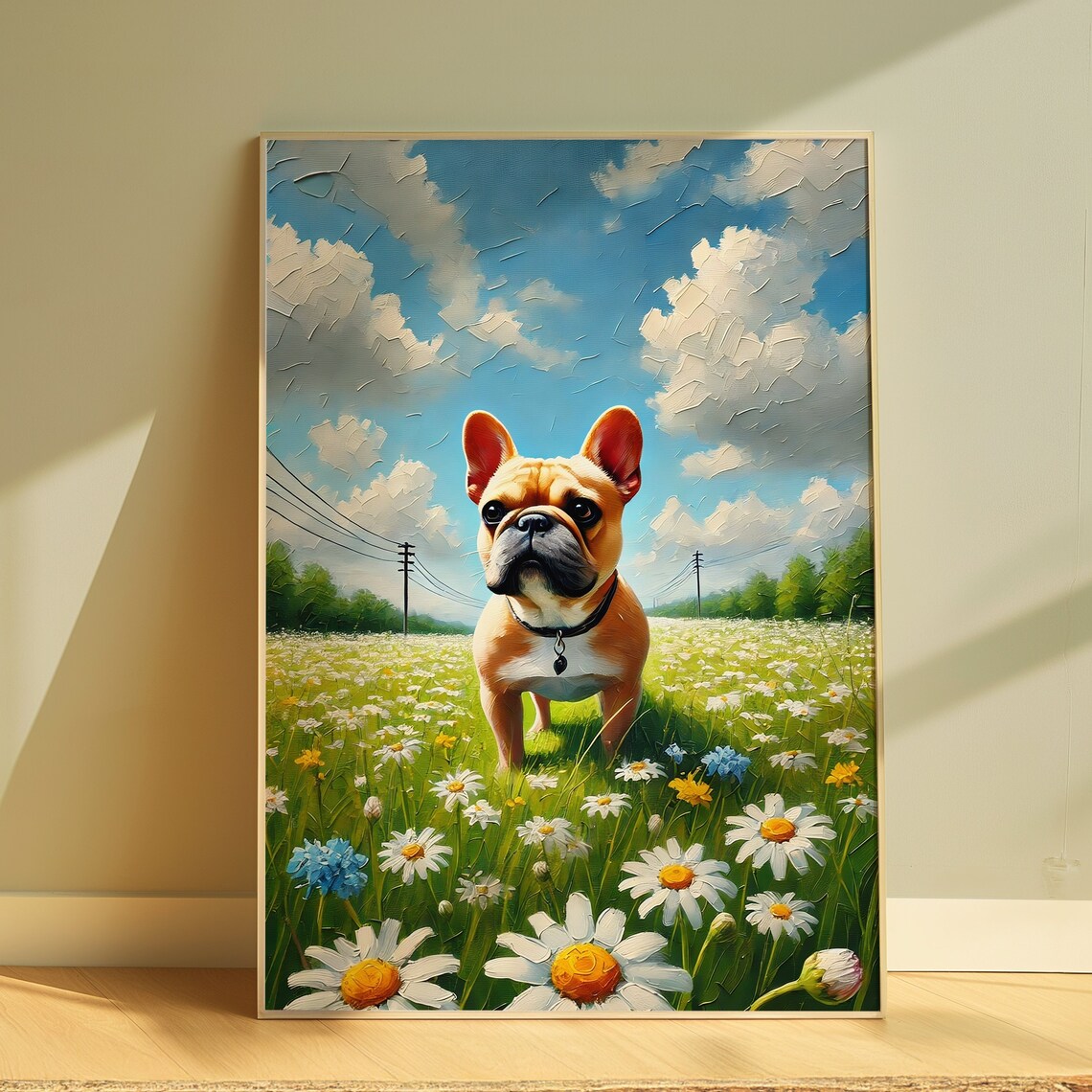 French Bulldog Daisy Meadow Oil Painting Style Animal Poster