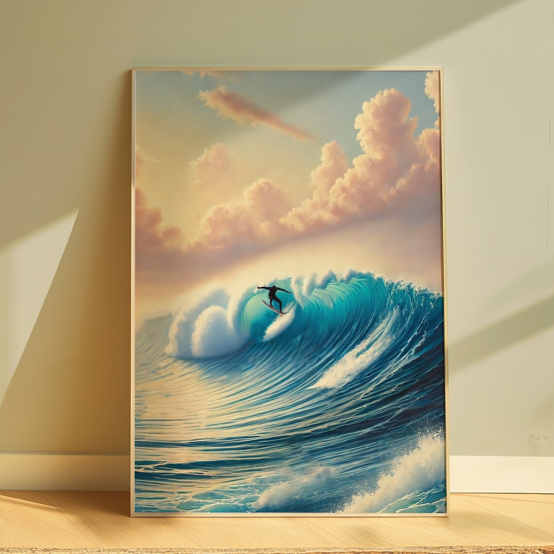 Surfer Riding A Giant Turquoise Wave At Sunrise Surf Art Poster