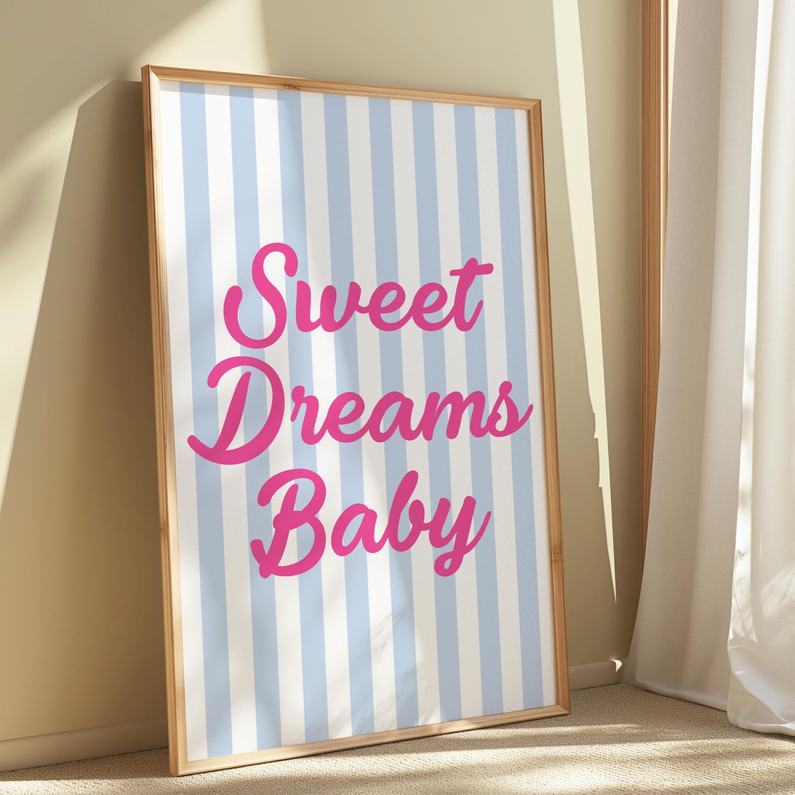 Sweet Dreams Baby Pink Script Poster, Blue Striped Nursery Decor