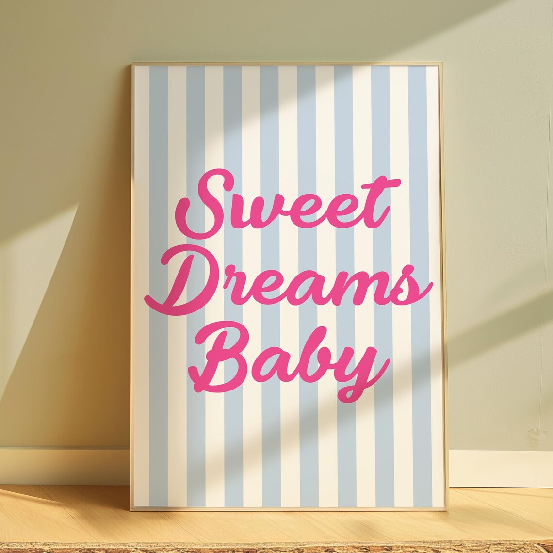 Sweet Dreams Baby Pink Script Poster, Blue Striped Nursery Decor - Image 4