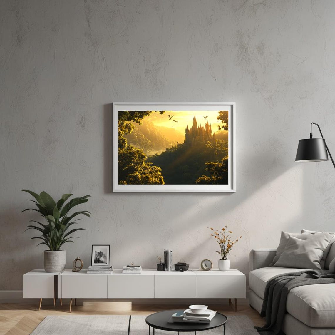 Epic Fantasy Castle in Golden Forest Sunset with Dragons Poster - Image 4