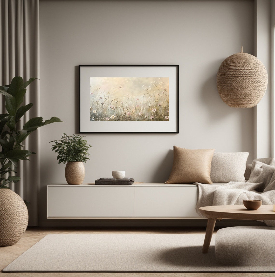 Soft Beige Wildflower Meadow Neutral Botanical Painting Poster - Image 2