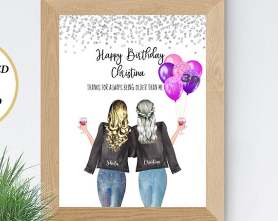 Personalized 30th Birthday Best Friend Portrait Wine Gift Poster