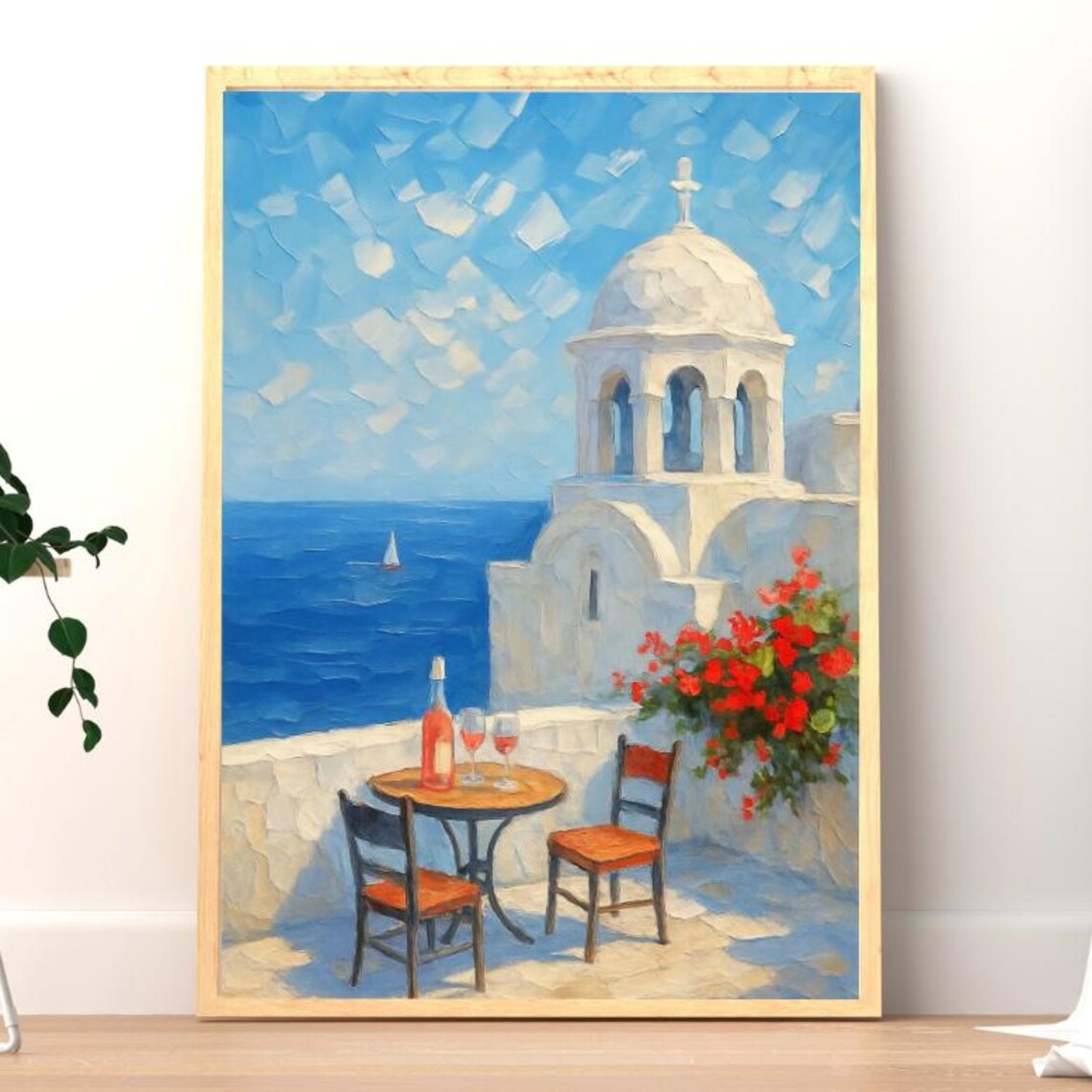 Santorini Terrace Wine Glasses Overlooking Aegean Greek Island Poster