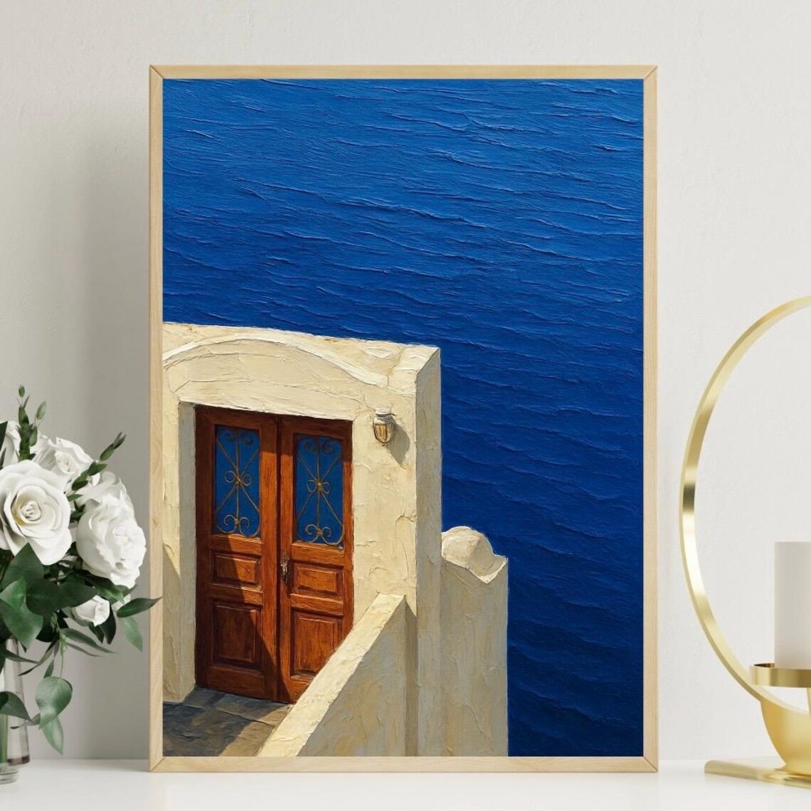 Greek Island Wooden Door by the Deep Blue Sea Coastal Poster