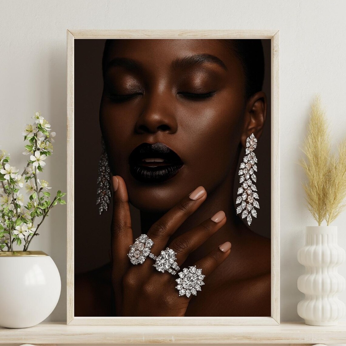 Dramatic Black Lipstick Glamour Portrait Jewelry Salon Poster