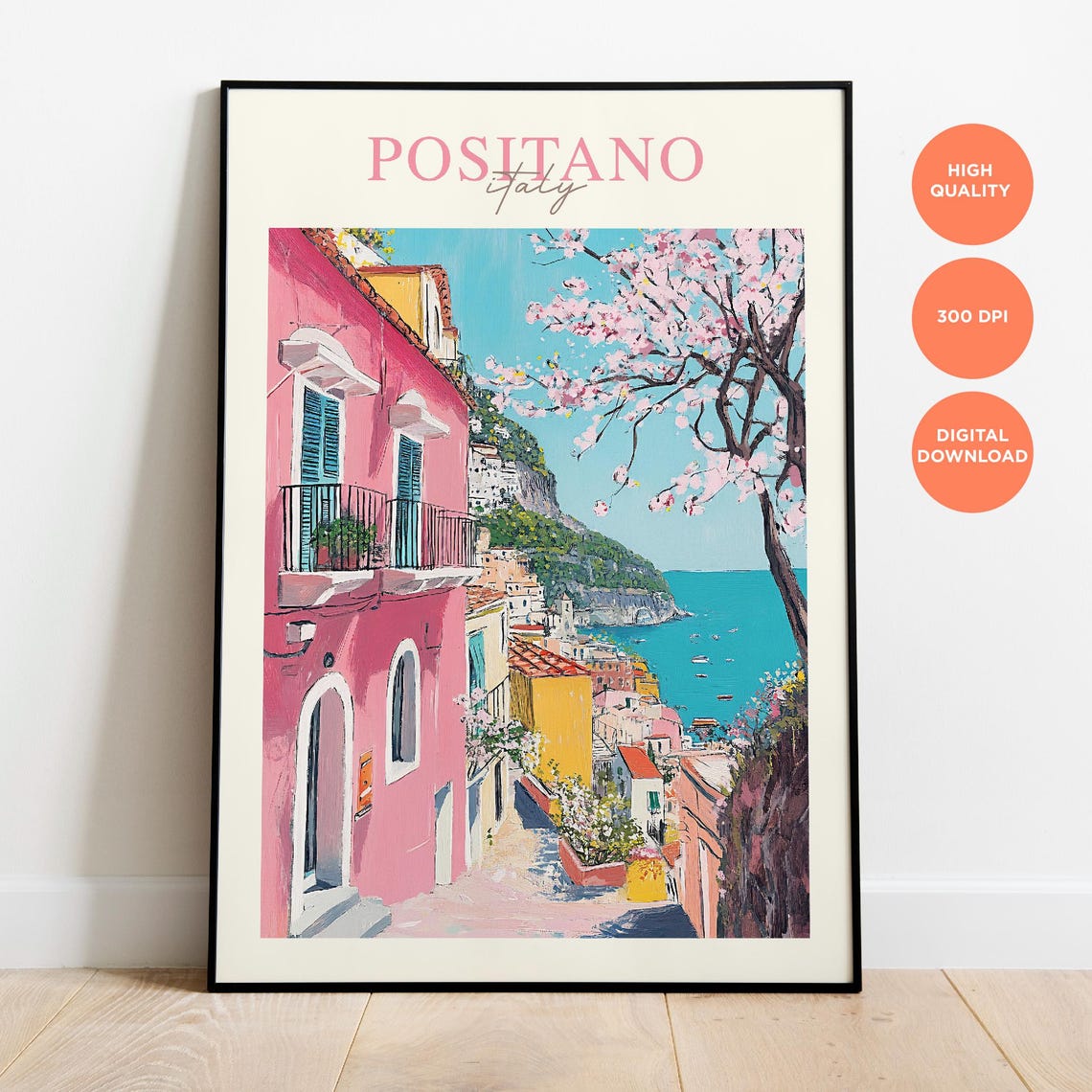 Positano Italy Pink Houses Cherry Blossom Coast Travel Poster - Image 2