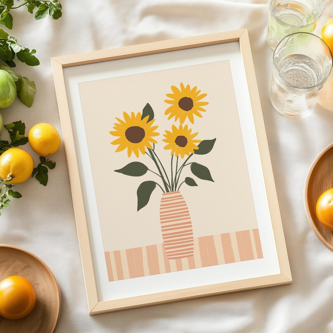Yellow Sunflowers in Striped Vase Minimalist Botanical Art Poster - Image 2