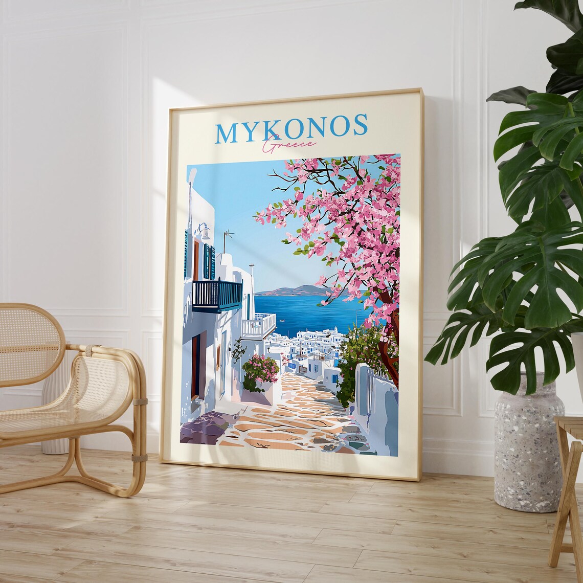 Mykonos Greece Vintage Whitewashed Lane Blossom Sea Travel Poster - Image 2