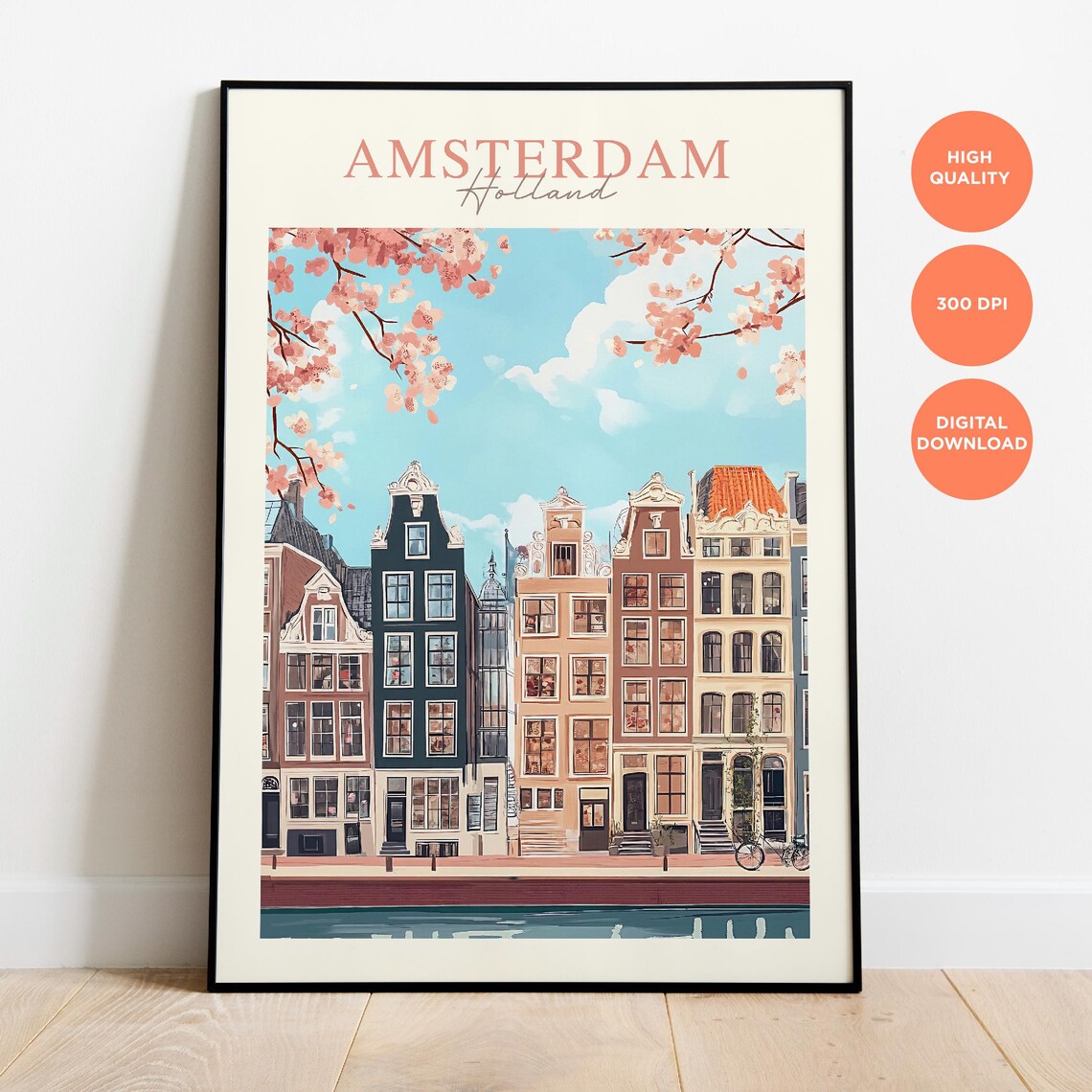 Vintage Amsterdam Holland Canal Houses Cherry Blossom Travel Poster - Image 3