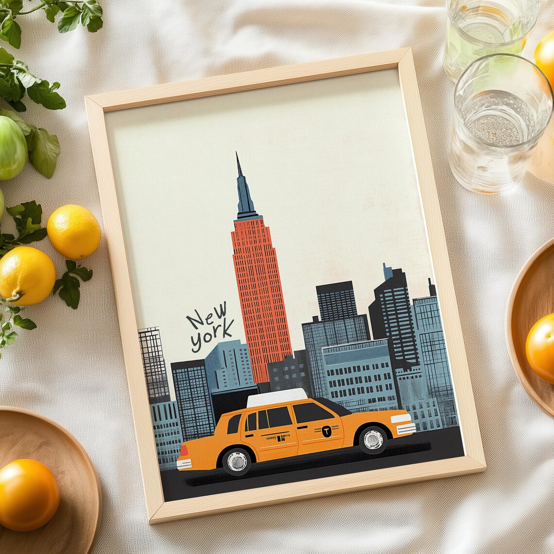 New York Yellow Taxi Empire State Skyline Illustration Poster - Image 3
