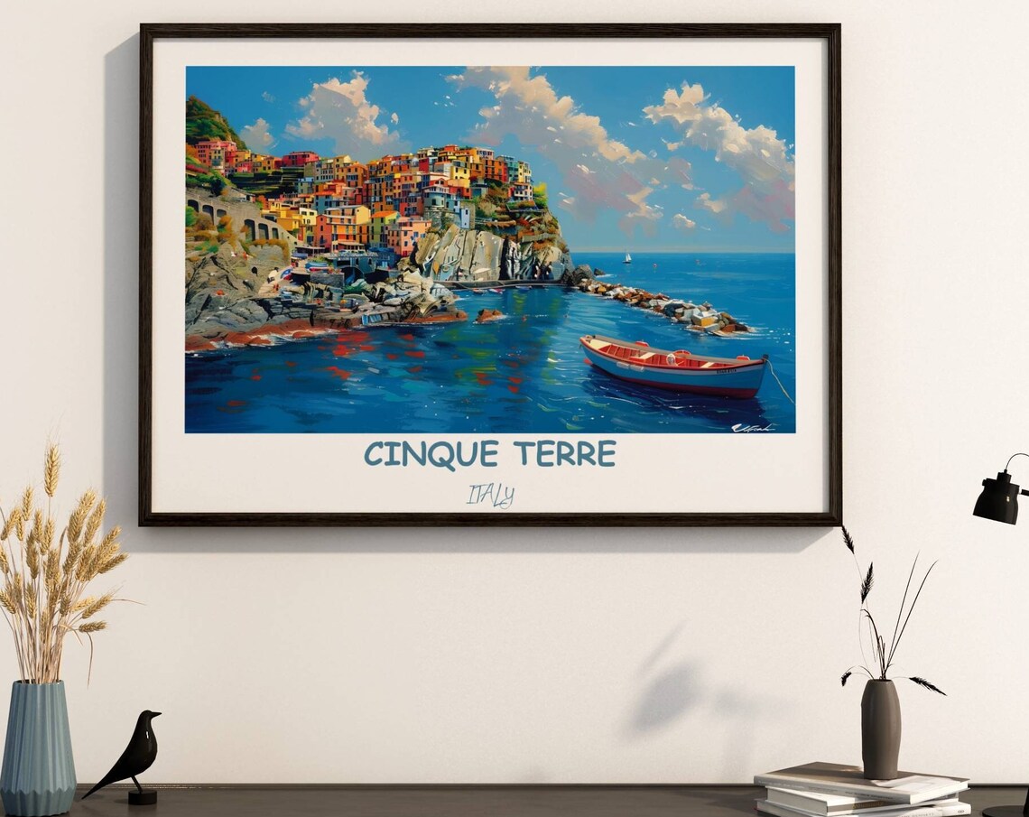 Cinque Terre Italy Manarola Cliffs Harbor Horizontal Travel Poster