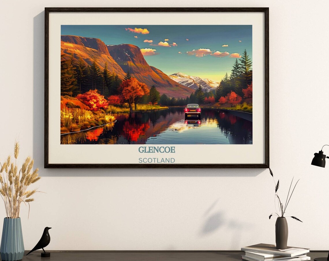 Glencoe Scotland Autumn Mountains Poster With Car on Flooded Road