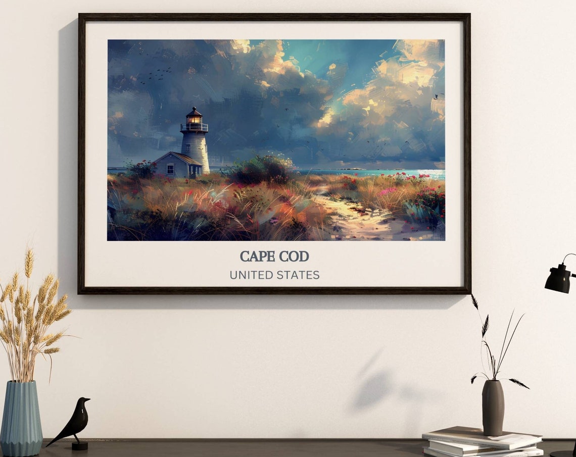 Cape Cod Lighthouse Stormy Sky Dramatic Oil Painting Travel Poster