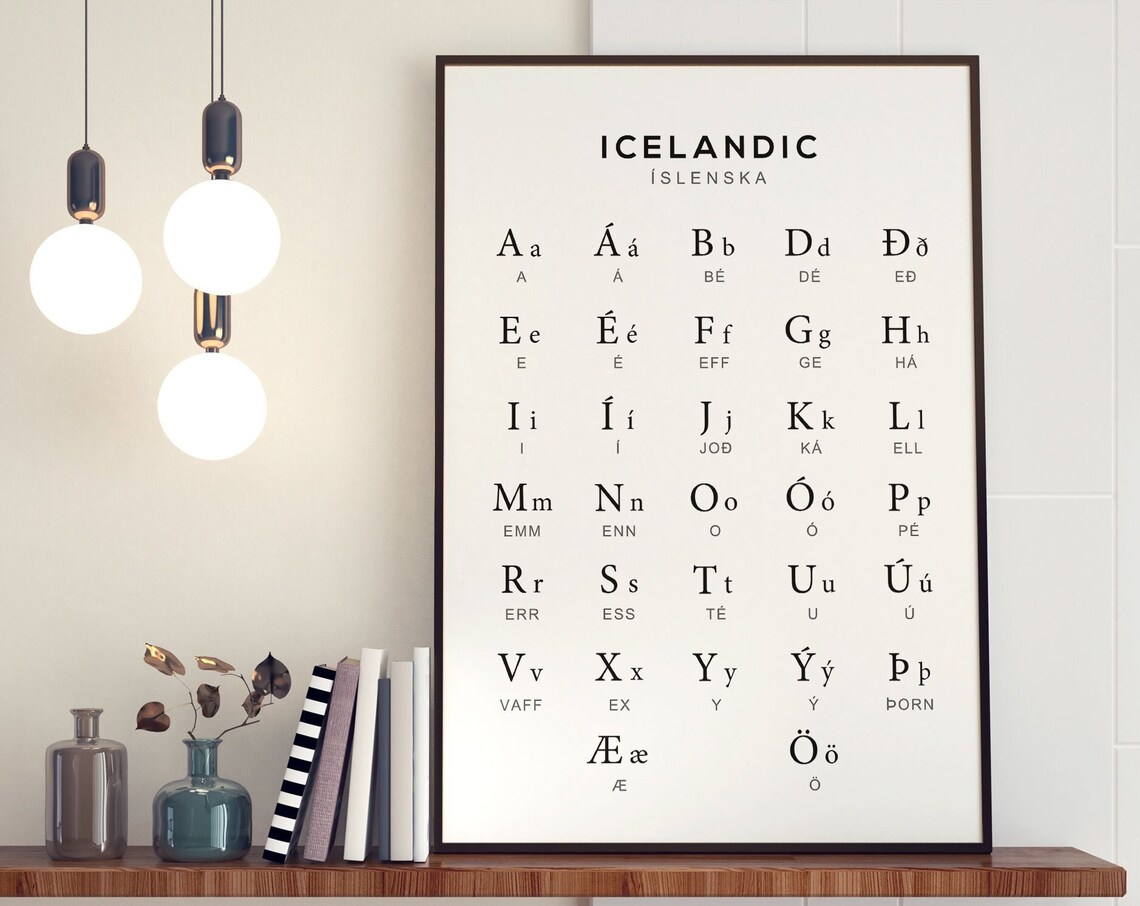 Icelandic Alphabet Chart Art Print, Black White