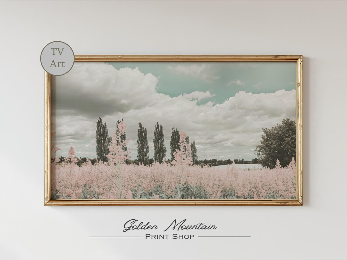 Pink Wildflower Field With Tall Poplar Trees Cloudy Sky Pastel Poster Art - Image 2