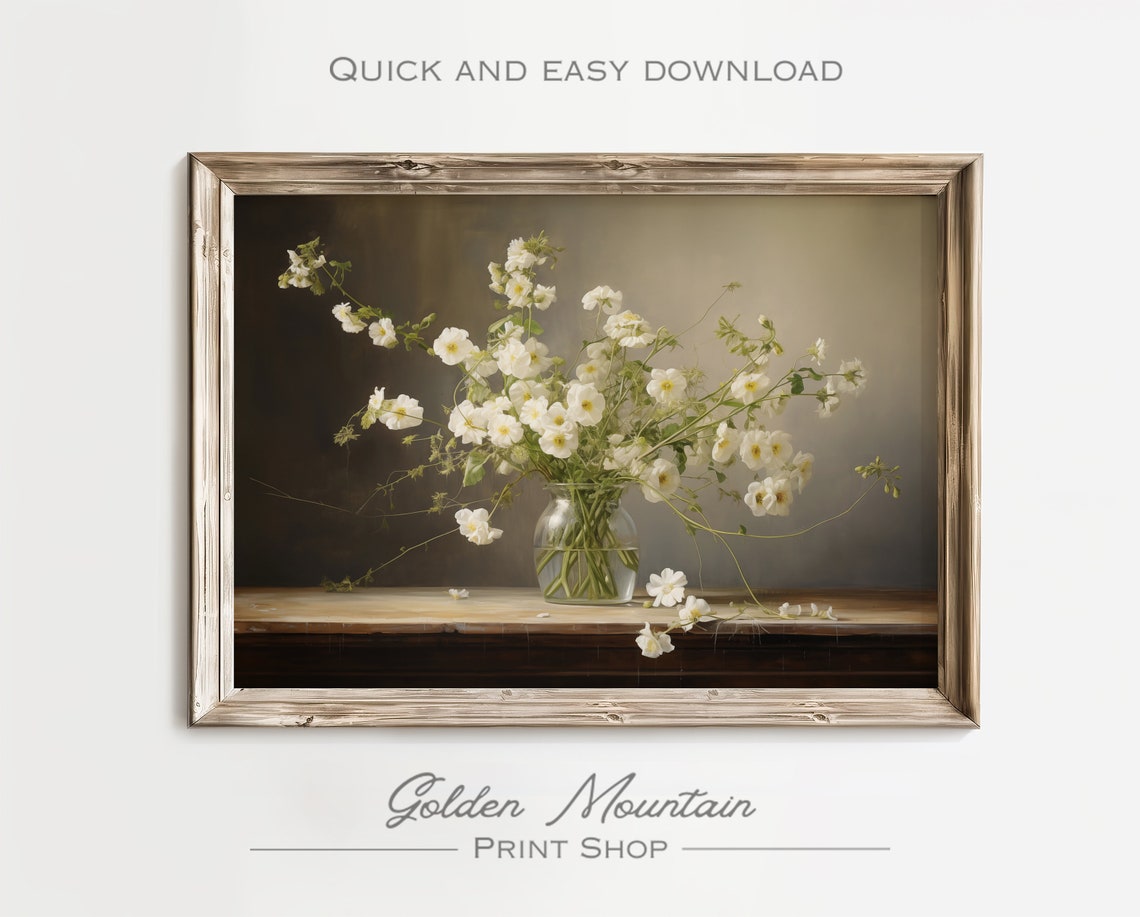 Moody Spring Wall Art White Flower Bouquet Art Dark Academia Art Easter Floral Wall Art Cottagecore - Image 3