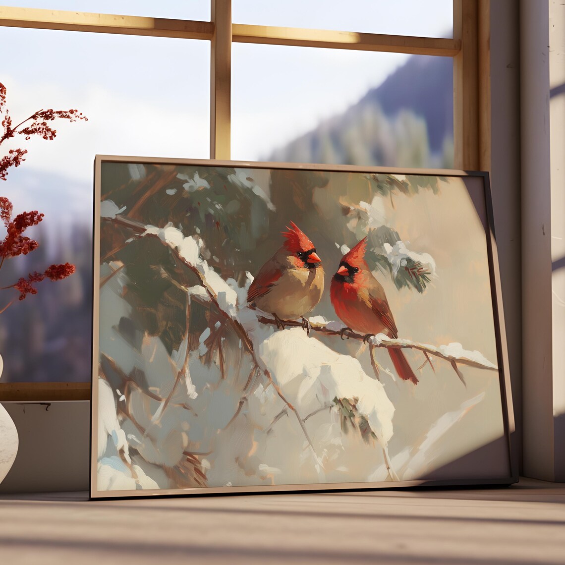 Two Cardinals on Snowy Branches Winter Bird Oil Painting Poster - Image 2