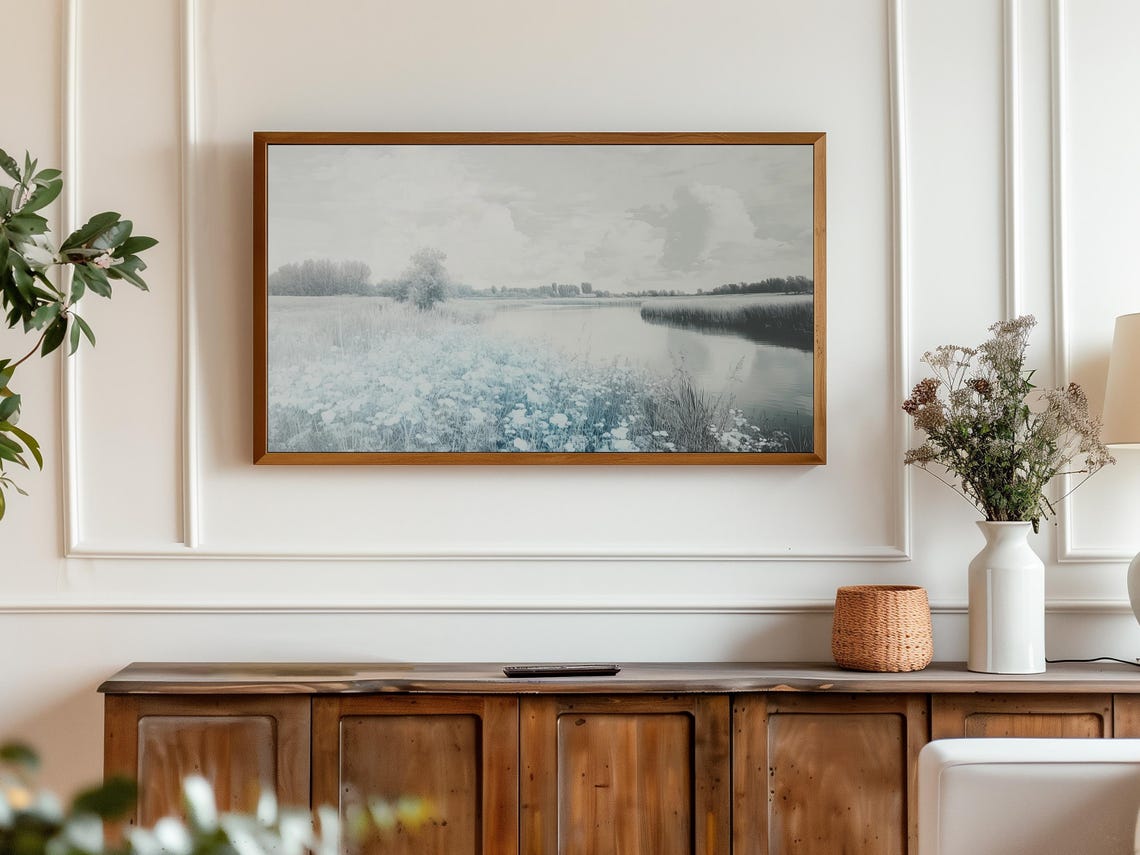 Blue Wildflower Meadow River Soft Neutral Serene Landscape Poster - Image 3
