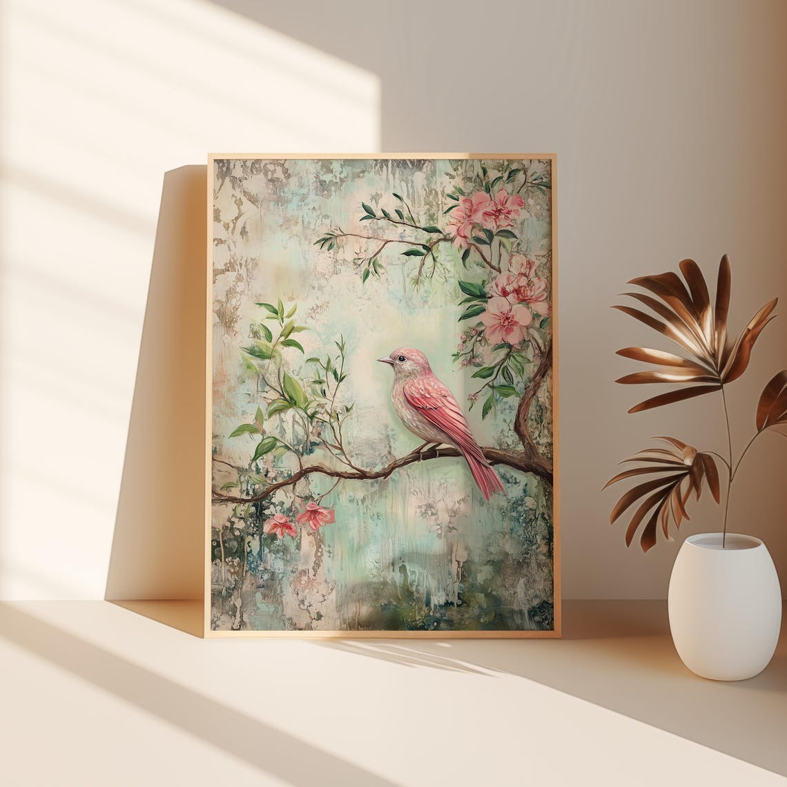 Pink Songbird Perched On Cherry Blossom Branch Soft Vintage Poster - Image 2