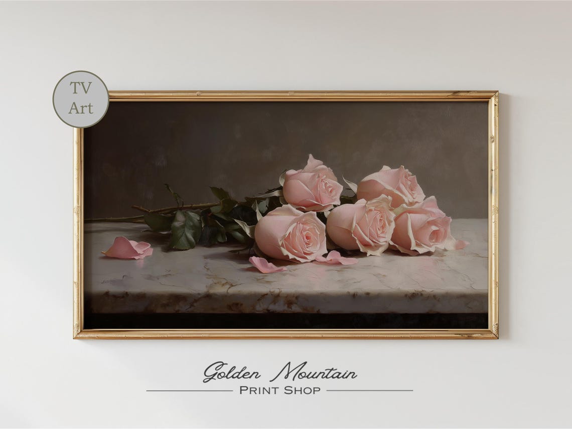 Pink Rosebuds Marble Ledge Dark Elegant Floral Still Life Poster - Image 2