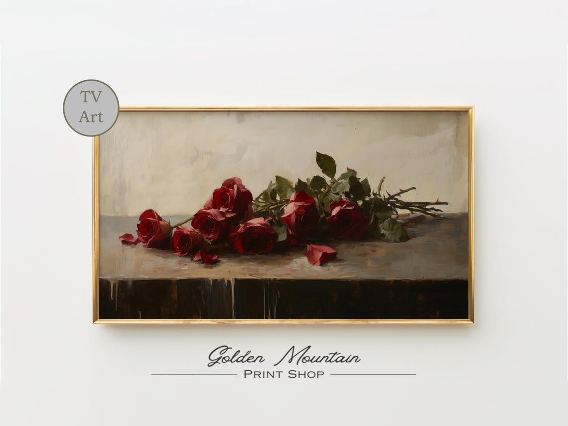 Moody Red Roses Still Life Dark Academia Vintage Oil Painting Print
