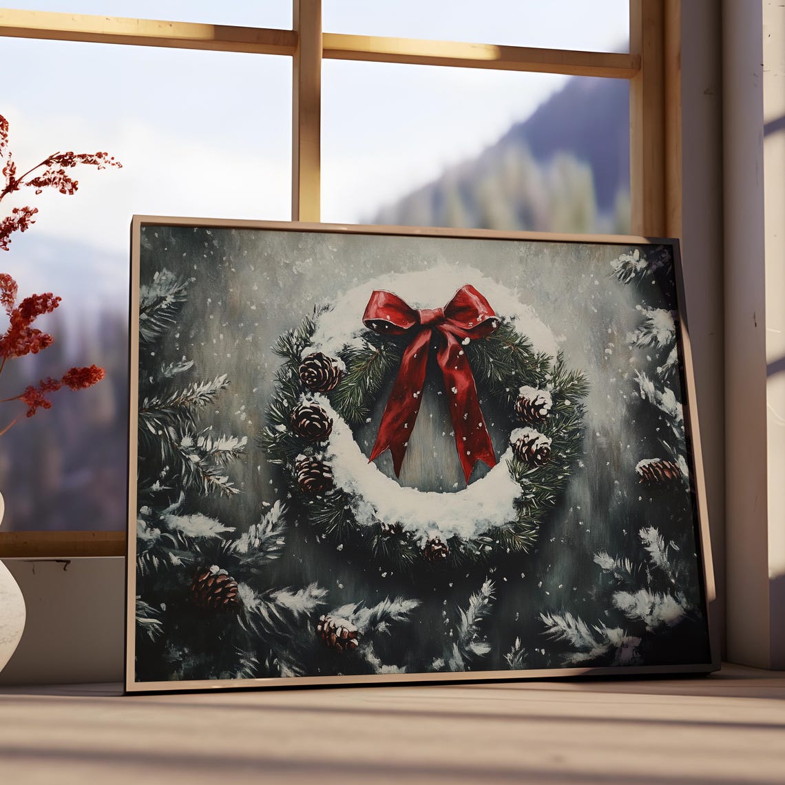 Moody Snowy Christmas Wreath Red Bow Dark Forest Holiday Poster - Image 2