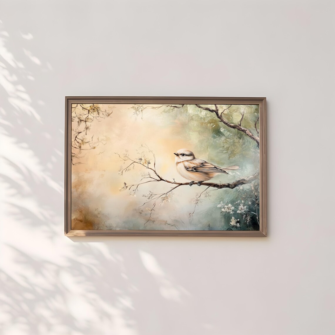 Pale Beige Songbird On Blossom Branch Warm Pastel Spring Oil Painting Poster - Image 3