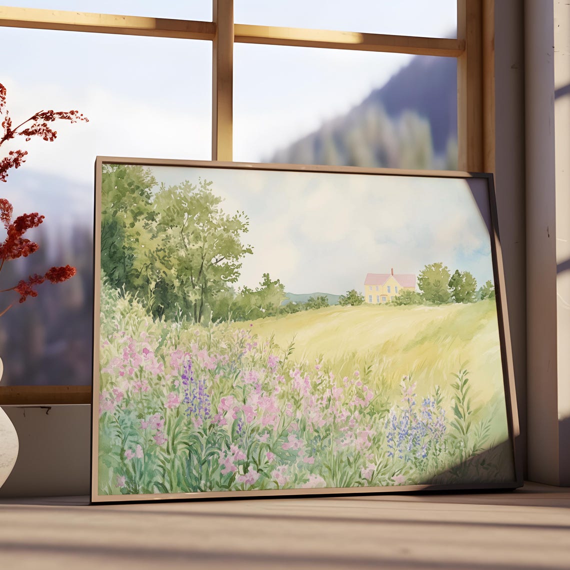 Spring Meadow Pink Wildflower Field Yellow House Watercolor Poster - Image 3